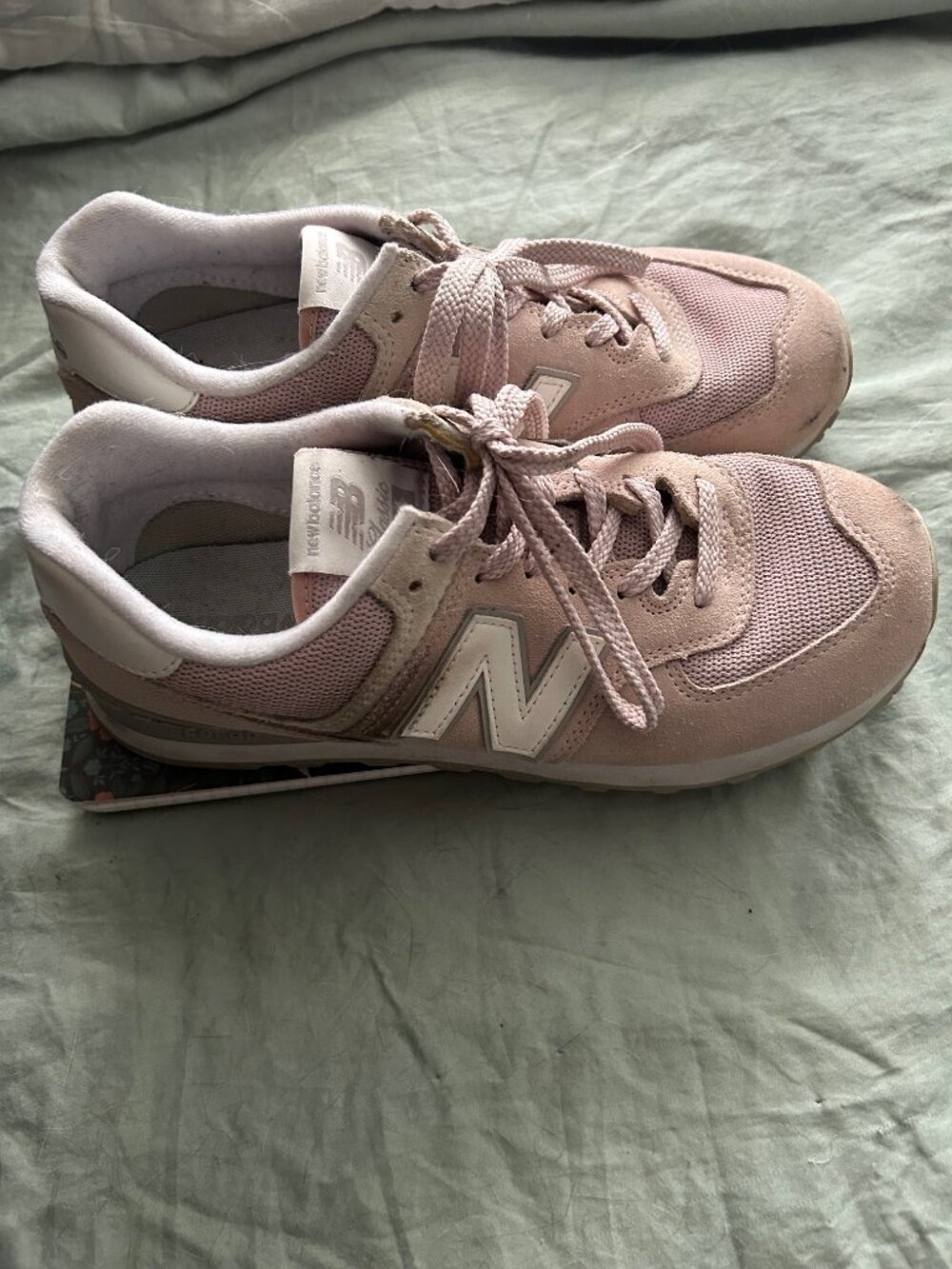 Well worn pink suede New Balance classic 574 sneakers size 9
